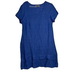 FLAX Linen Tunic Shift Dress Size Petite 4/6 Short Sleeve Blue Lagenlook
